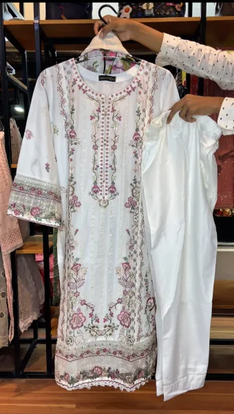 Pakistani Original Hayat’s Embroidered Stitched Cotton 3Pcs _ White 